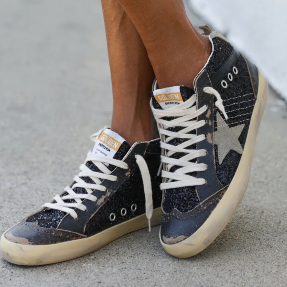 Golden Goose Mid Star Sneaker in Black Glitter/Dove Gray sz 41 New in Box